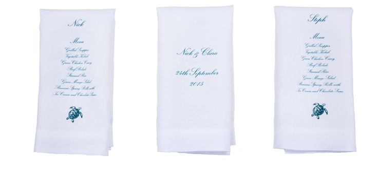 Custom printed linen napkins with wedding menu and place name
